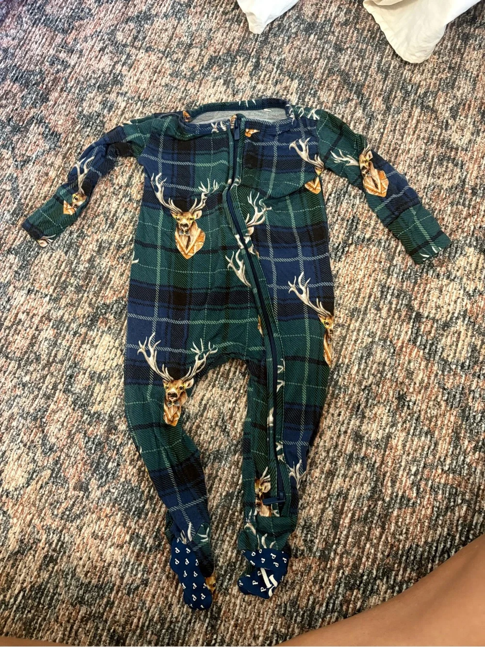 Posh Peanut Green and Navy Plaid Deer Footed One-Piece Pajamas